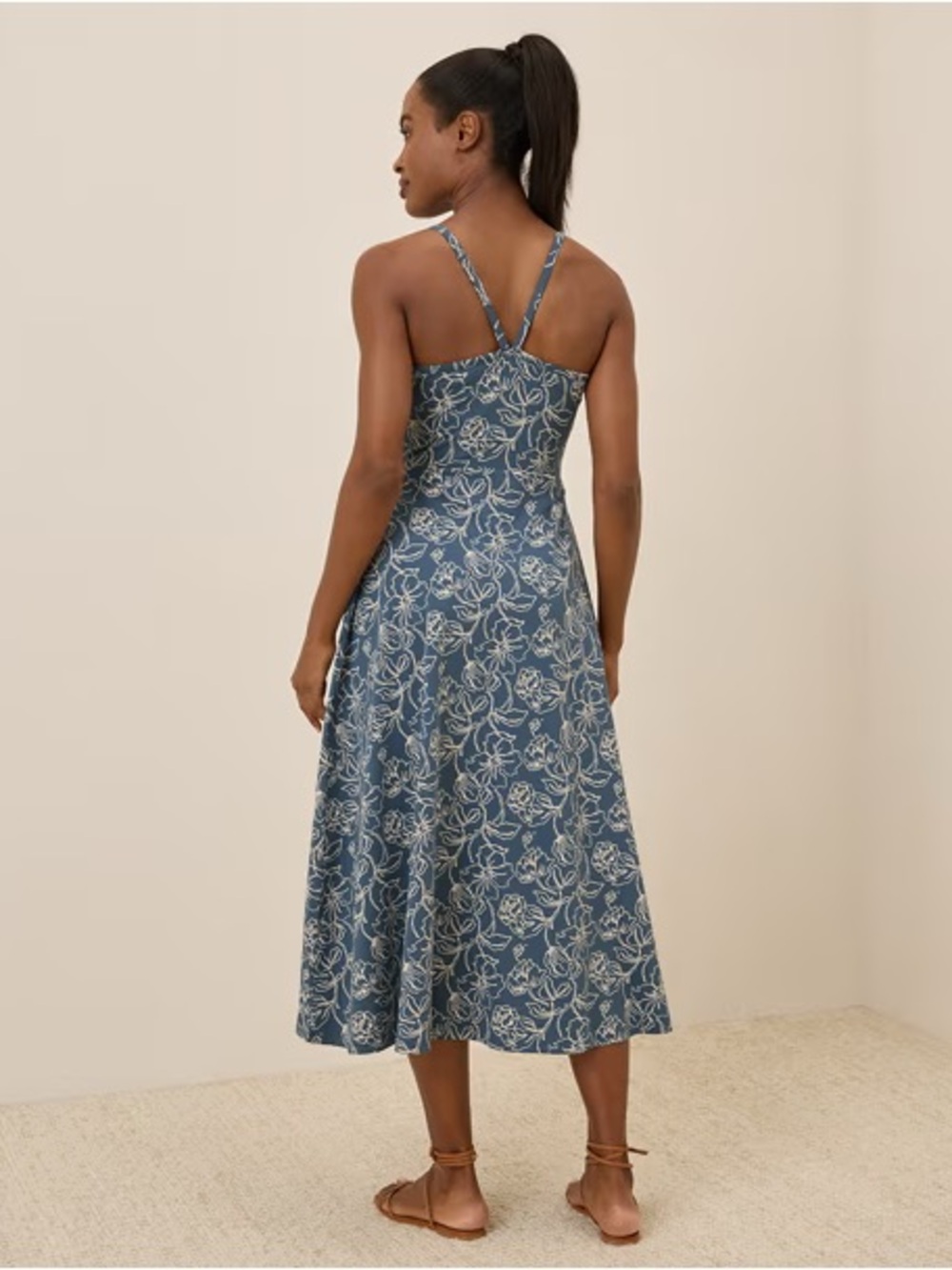 Pact Organic Fit & Flare Midi Dress Looking Glass Floral Slate Blue - Picture 3 of 4